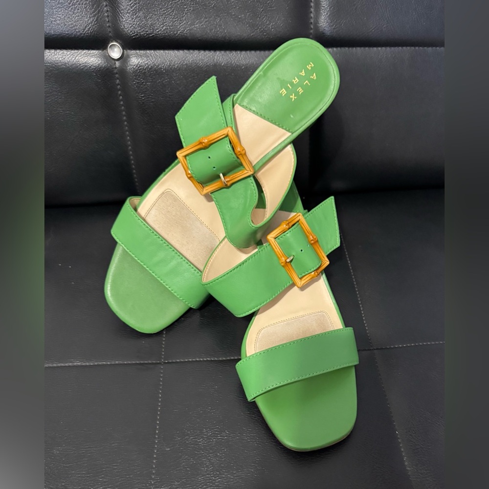 Alex Marie Vibrant Green Sandals metal Buckle looks like bamboo chunky heel